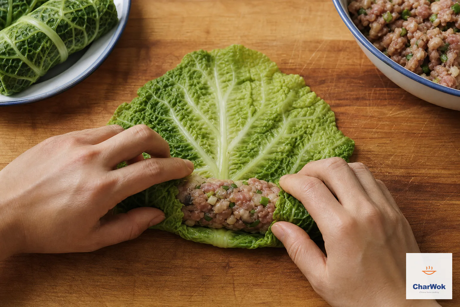 One-eighth of the pork and shiitake filling sits on a Savoy leaf as the near edge and side flaps fold inward for a moderate cylinder