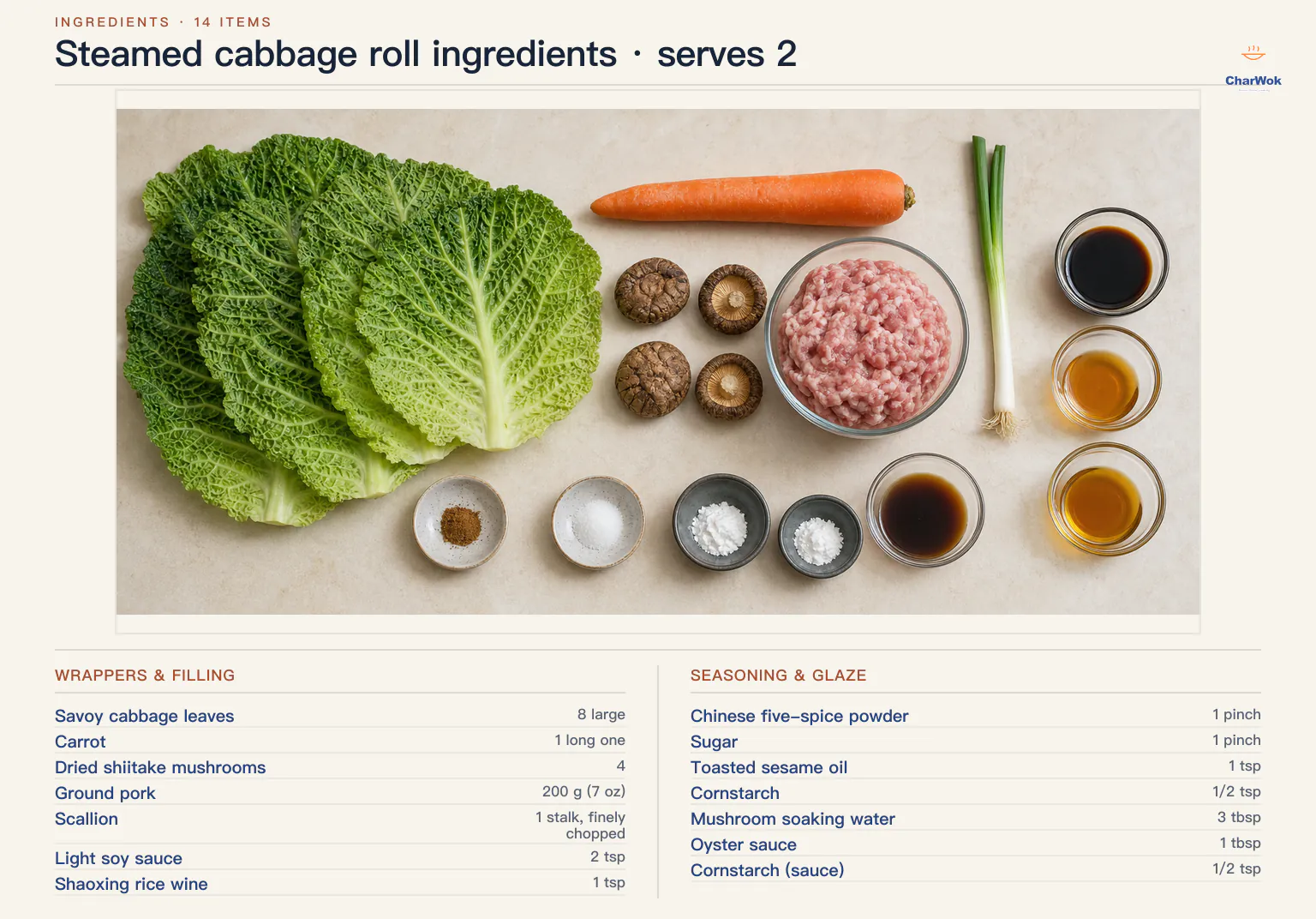 Steamed cabbage roll ingredients labeled in English for two servings: eight large Savoy cabbage leaves, one long carrot, four dried shiitake, 200 grams ground pork, one scallion, two teaspoons light soy sauce, one teaspoon Shaoxing wine, one pinch Chinese five-spice, one pinch sugar, one teaspoon toasted sesame oil, half a teaspoon cornstarch for the filling, three tablespoons mushroom soaking water, one tablespoon oyster sauce, and half a teaspoon cornstarch for the glaze