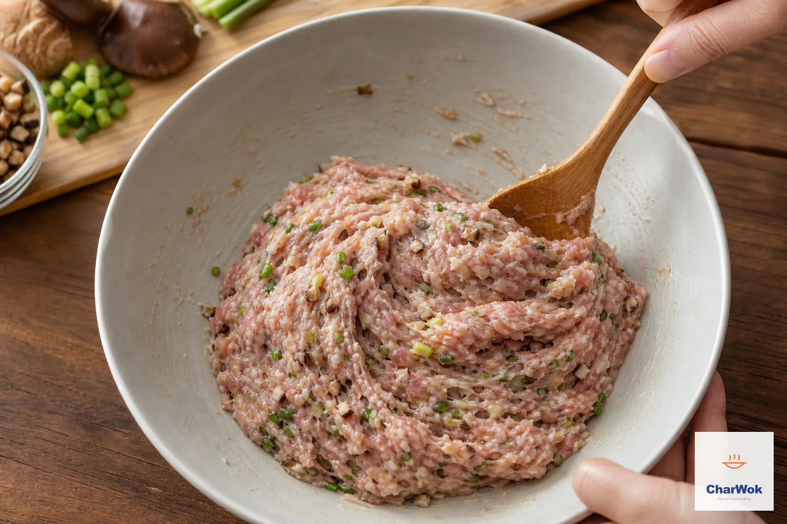 Ground pork, finely chopped shiitake and scallion are stirred in one direction into a sticky filling without added water