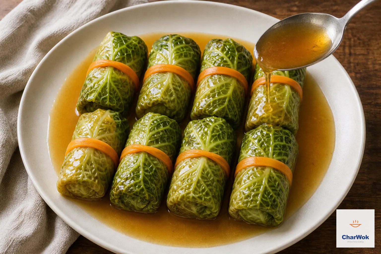 Glossy solids-free mushroom and oyster glaze is spooned over exactly eight intact carrot-tied steamed cabbage rolls