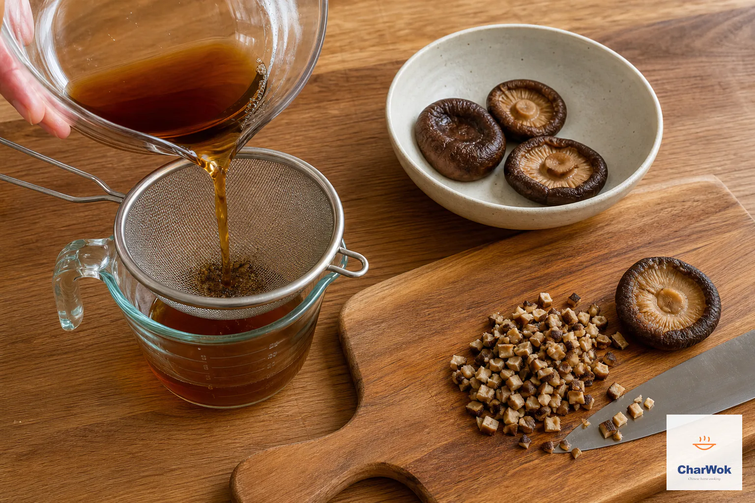Dark soaking liquid from four softened shiitake is strained through fine mesh while one mushroom is finely chopped and three remain in a bowl