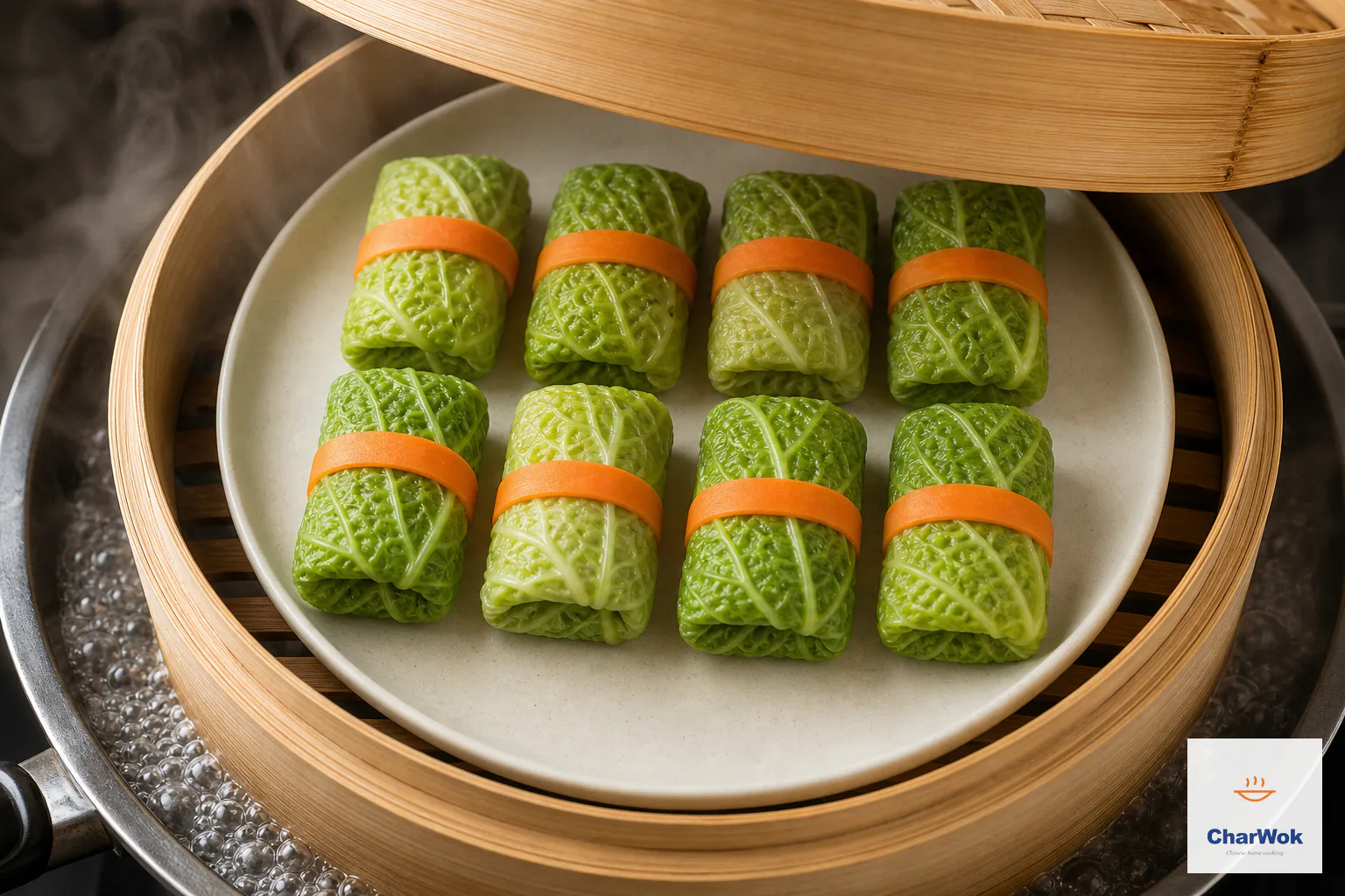 Exactly eight carrot-banded cabbage rolls sit in two rows of four on a plate inside a bamboo steamer above boiling water