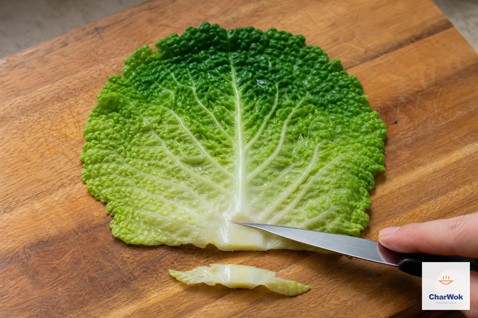 A knife shaves the raised central rib flat on one intact cooled Savoy cabbage leaf without cutting through it
