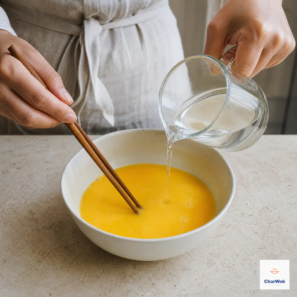 A narrow stream of warm clear liquid pours from a glass jug into beaten egg while wooden chopsticks stir slowly
