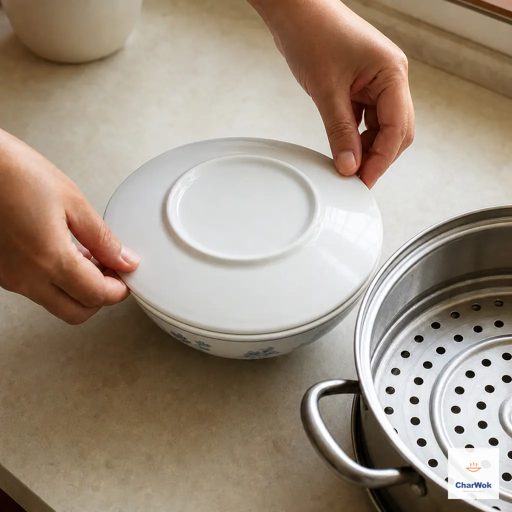 Hands place one inverted porcelain plate loosely over a bowl of smooth raw egg mixture beside an open metal steamer rack