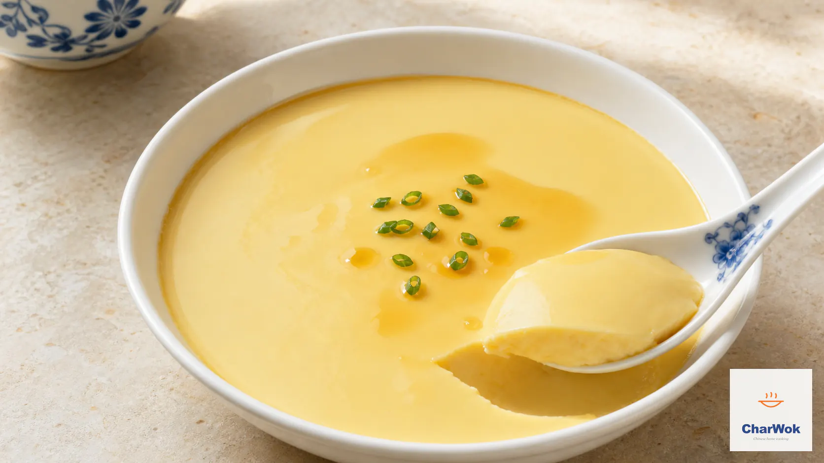 Chinese steamed egg custard with a smooth pale-gold surface, light soy and sesame finish, scallion, and a porcelain spoon lifting one silky piece