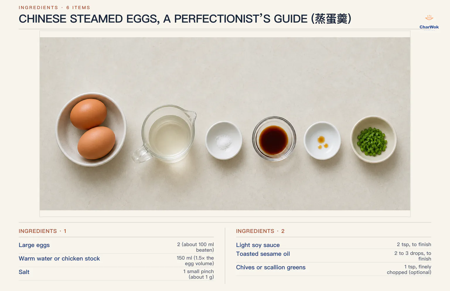 Chinese steamed egg ingredients labeled in English: two eggs, 150 ml warm water or pale stock, salt, light soy sauce, sesame oil, and optional chopped chives or scallion