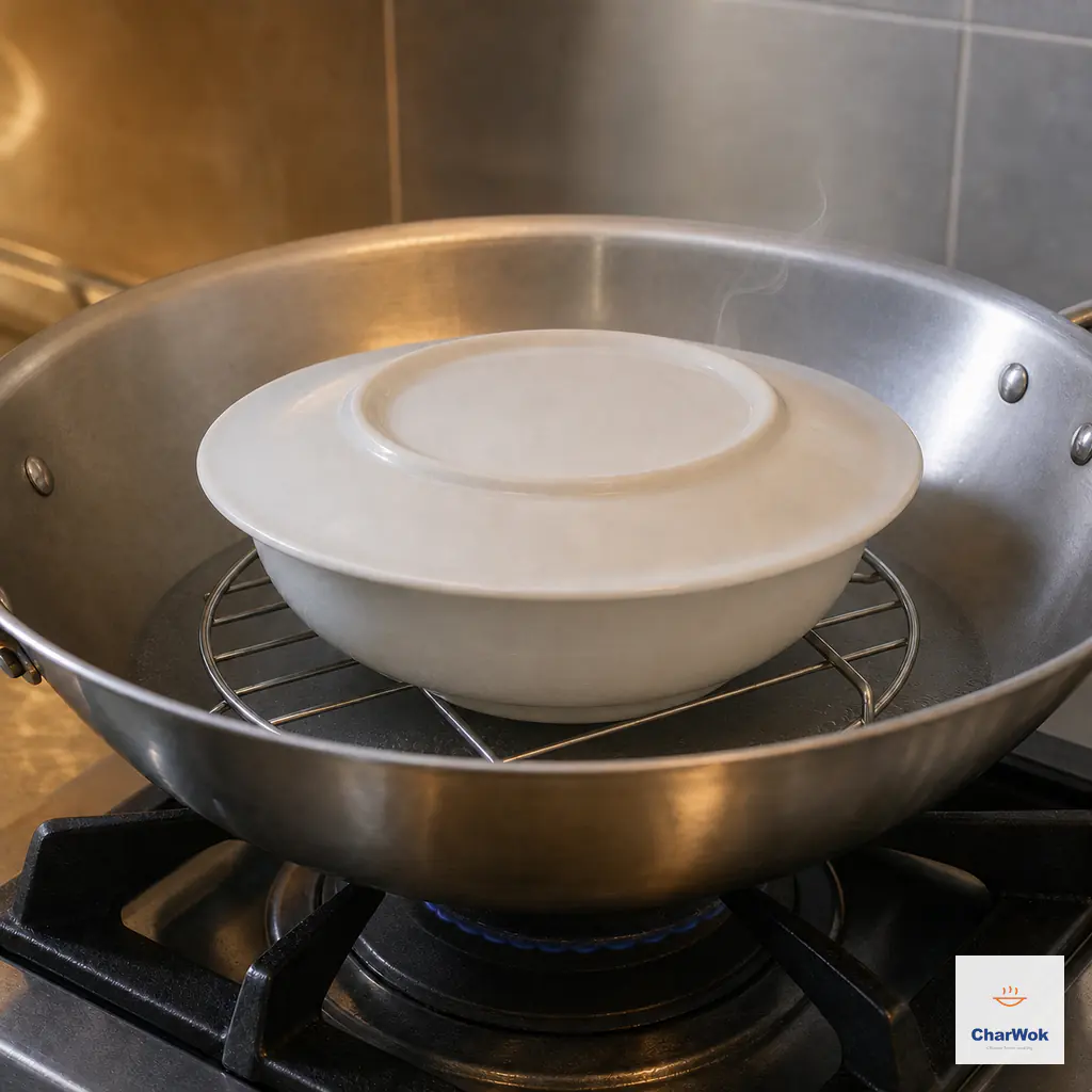 A loosely covered porcelain bowl sits on a raised rack above calm simmering water in a wok with a low flame and one thin wisp of steam