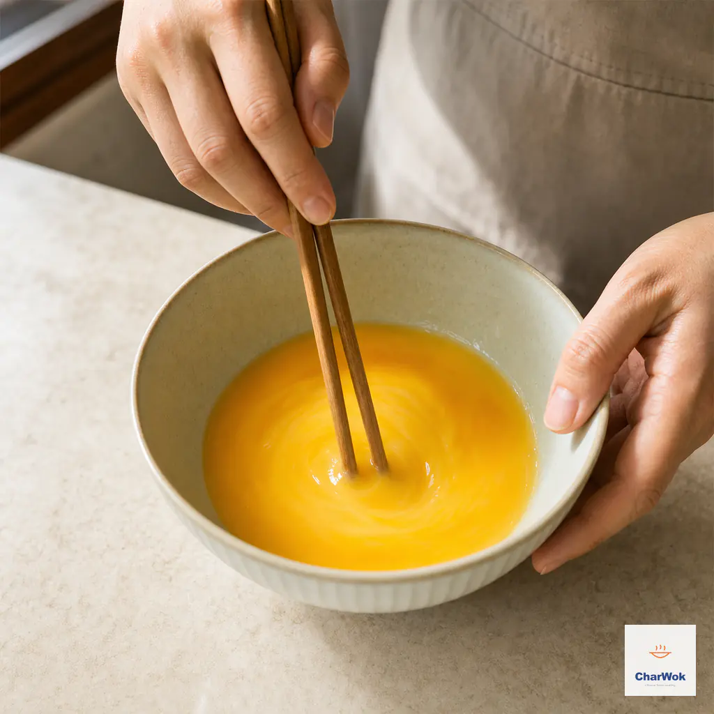 Wooden chopsticks gently stir smooth golden beaten egg in a ceramic bowl without whipping foam into the surface