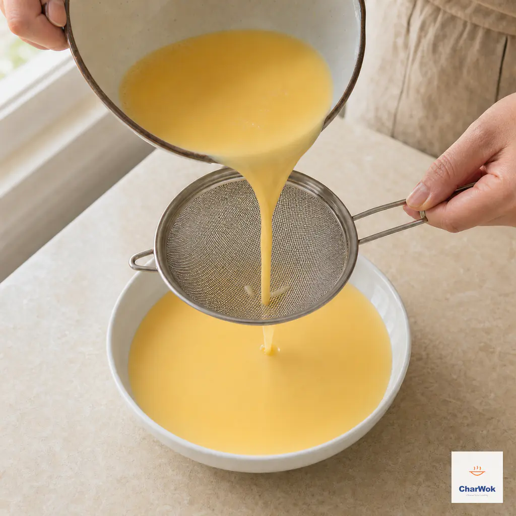 Pale-golden egg mixture passes through a fine-mesh sieve into a shallow serving bowl while a few translucent chalaza strands remain on the mesh
