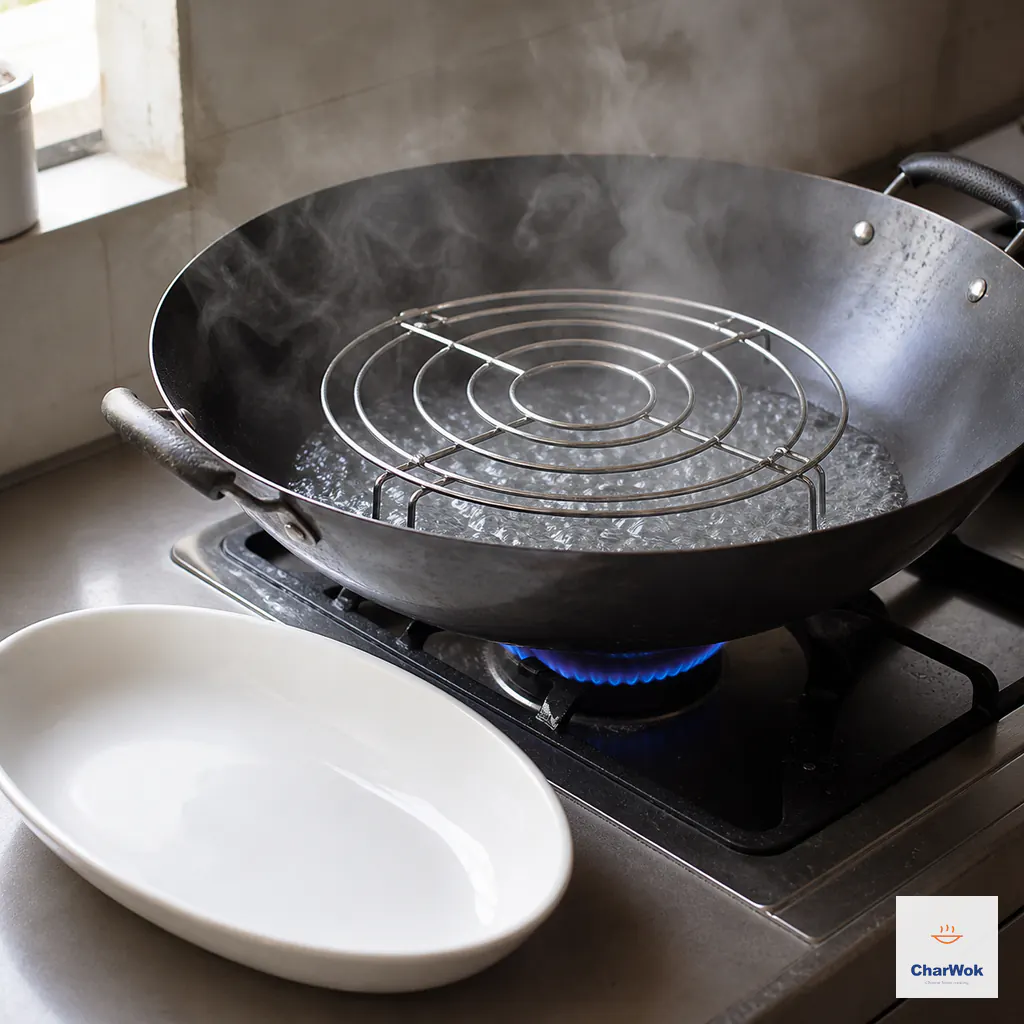 Water boils vigorously below a raised metal steaming rack in a carbon-steel wok while the empty fish platter waits beside the stove