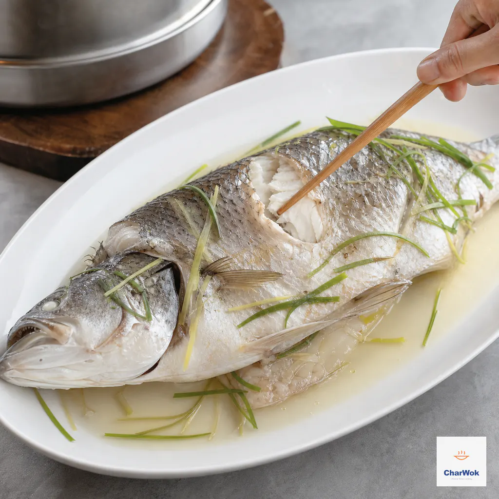 A wooden chopstick probes the thickest back of a just-steamed whole fish where moist opaque white flesh parts cleanly from the bone