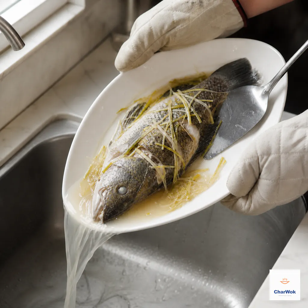 Oven-mitt-covered hands tilt the hot fish platter over a sink while a fish spatula braces the whole fish and cloudy steaming liquid pours away