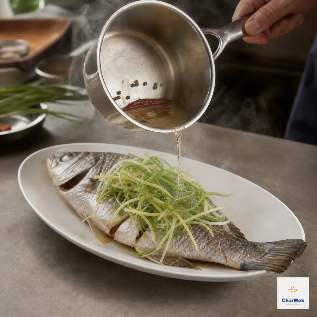 A narrow stream of very hot neutral oil lands on fresh scallion and ginger over the drained whole fish as a seeded chili and Sichuan peppercorns remain in the small pan