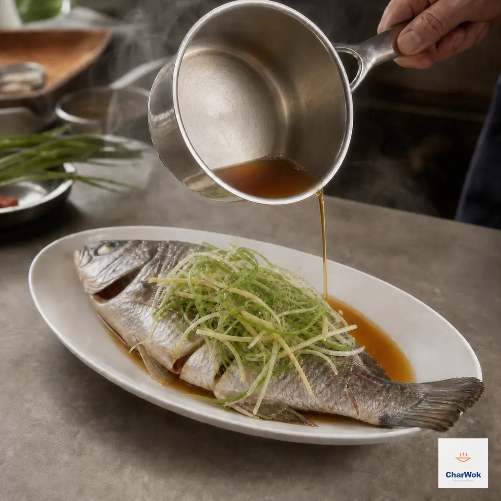 A narrow ribbon of warm amber light-soy dressing pours onto the bare platter edge beside the intact steamed fish and flows around it without flattening the scallion and ginger