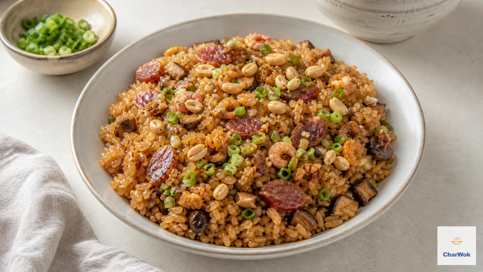 Chinese sticky rice with lap cheong, shiitake, peanuts and scallions