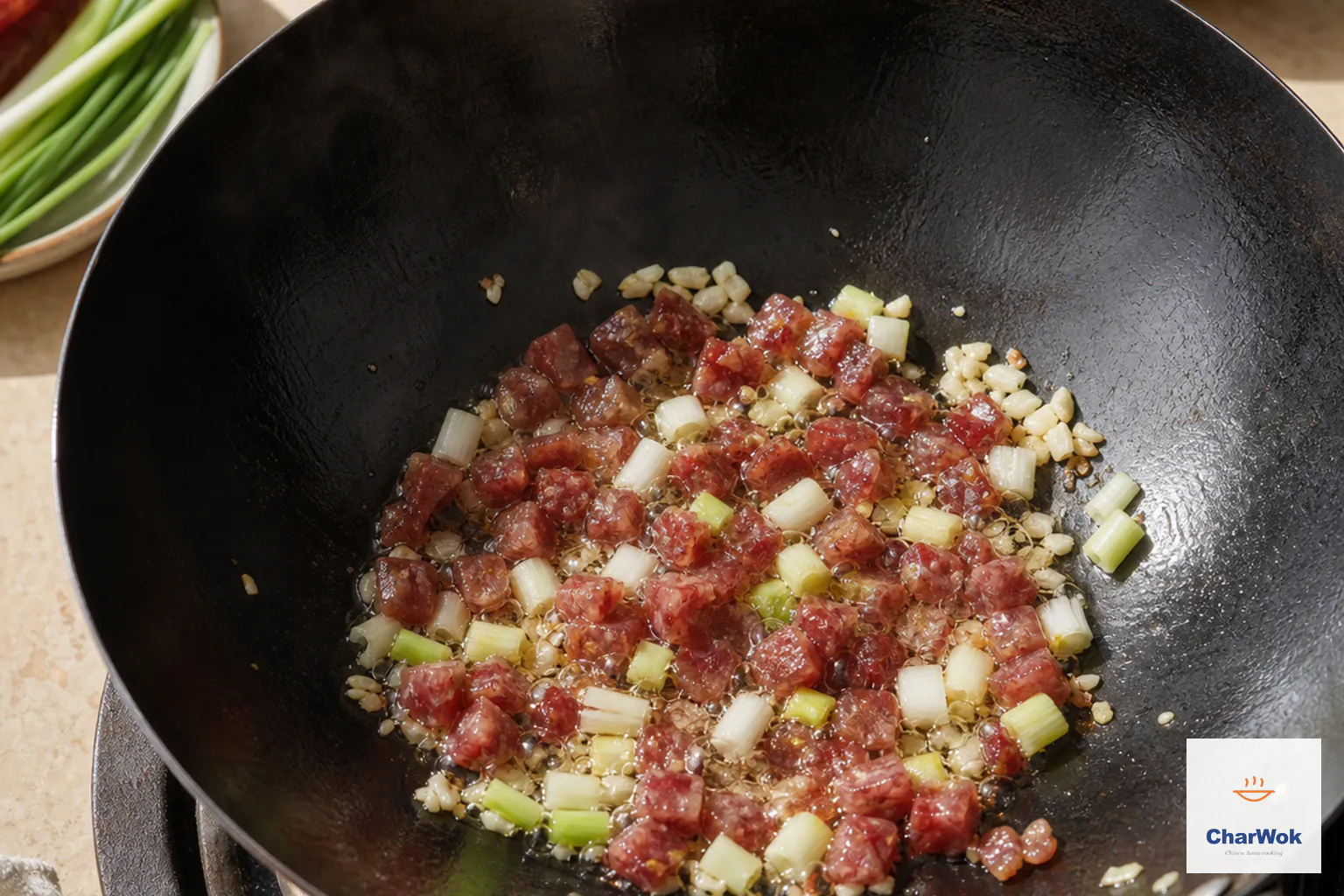 Diced lap cheong sizzles with coarse garlic and scallion whites until the sausage edges turn translucent and release oil