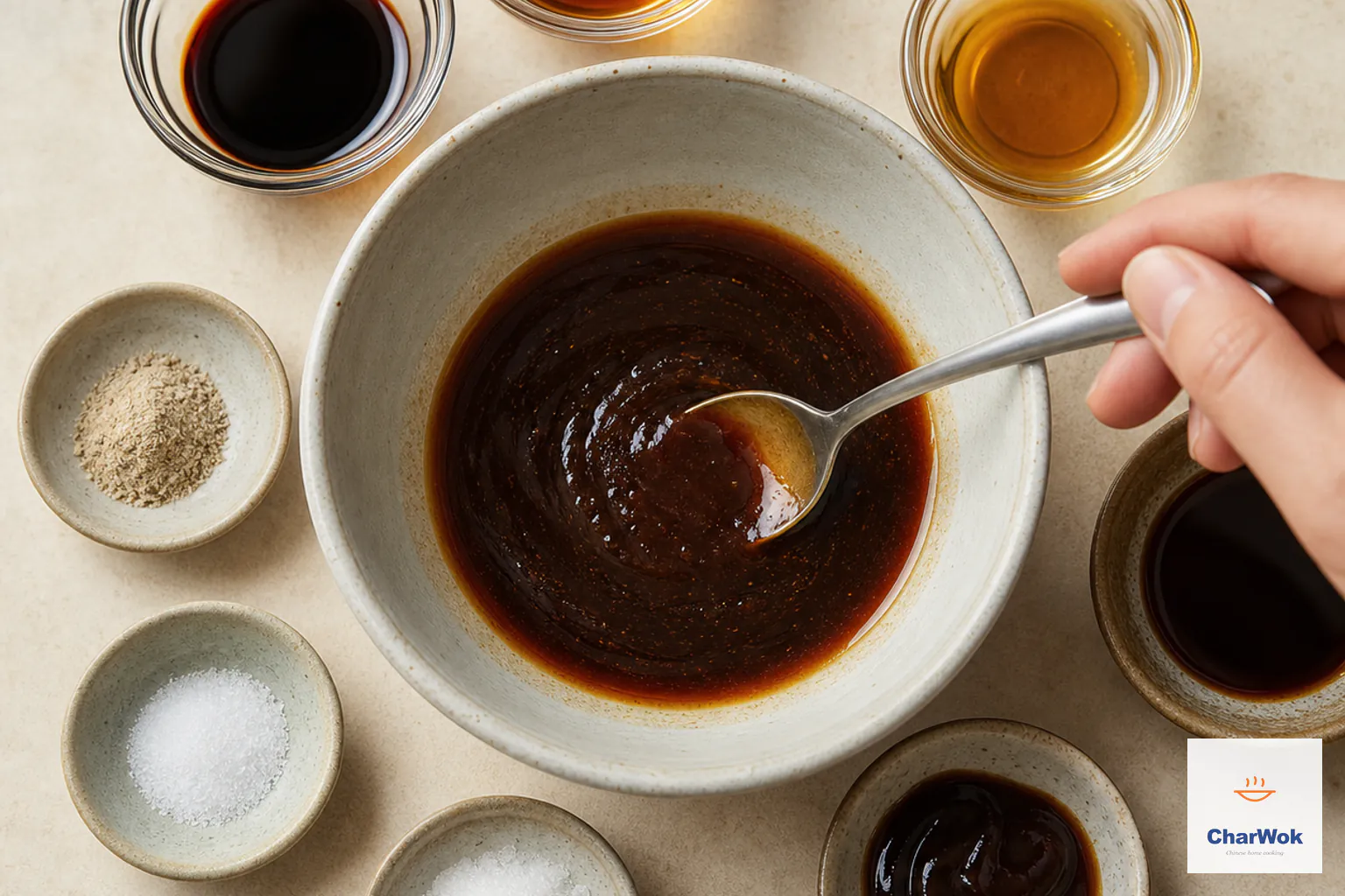 A spoon mixes light soy, dark soy, oyster sauce, Shaoxing wine, sesame oil, sugar, white pepper and salt into a smooth dark sauce