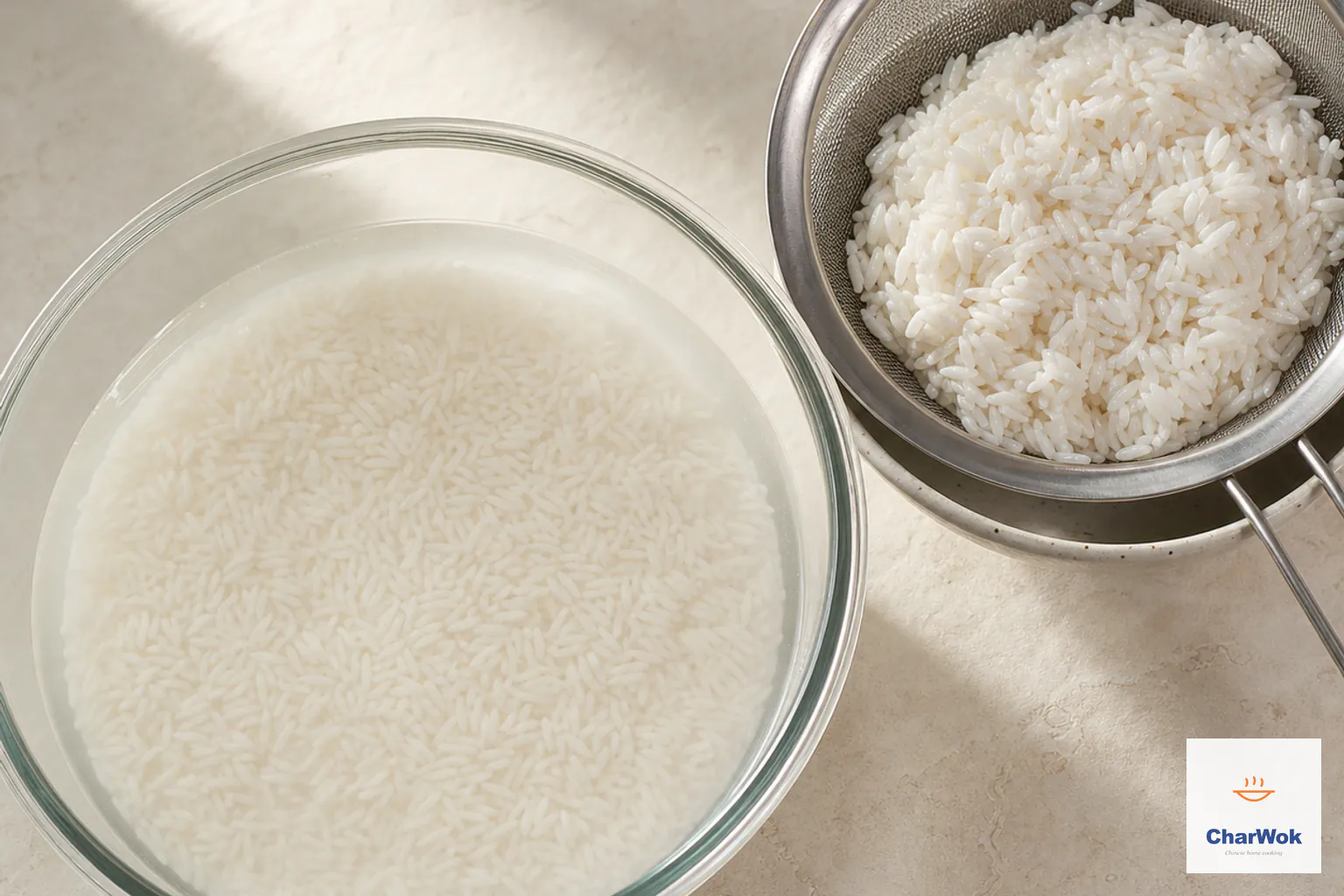 Opaque glutinous rice soaks in cold water beside a fine-mesh strainer filled with thoroughly drained grains