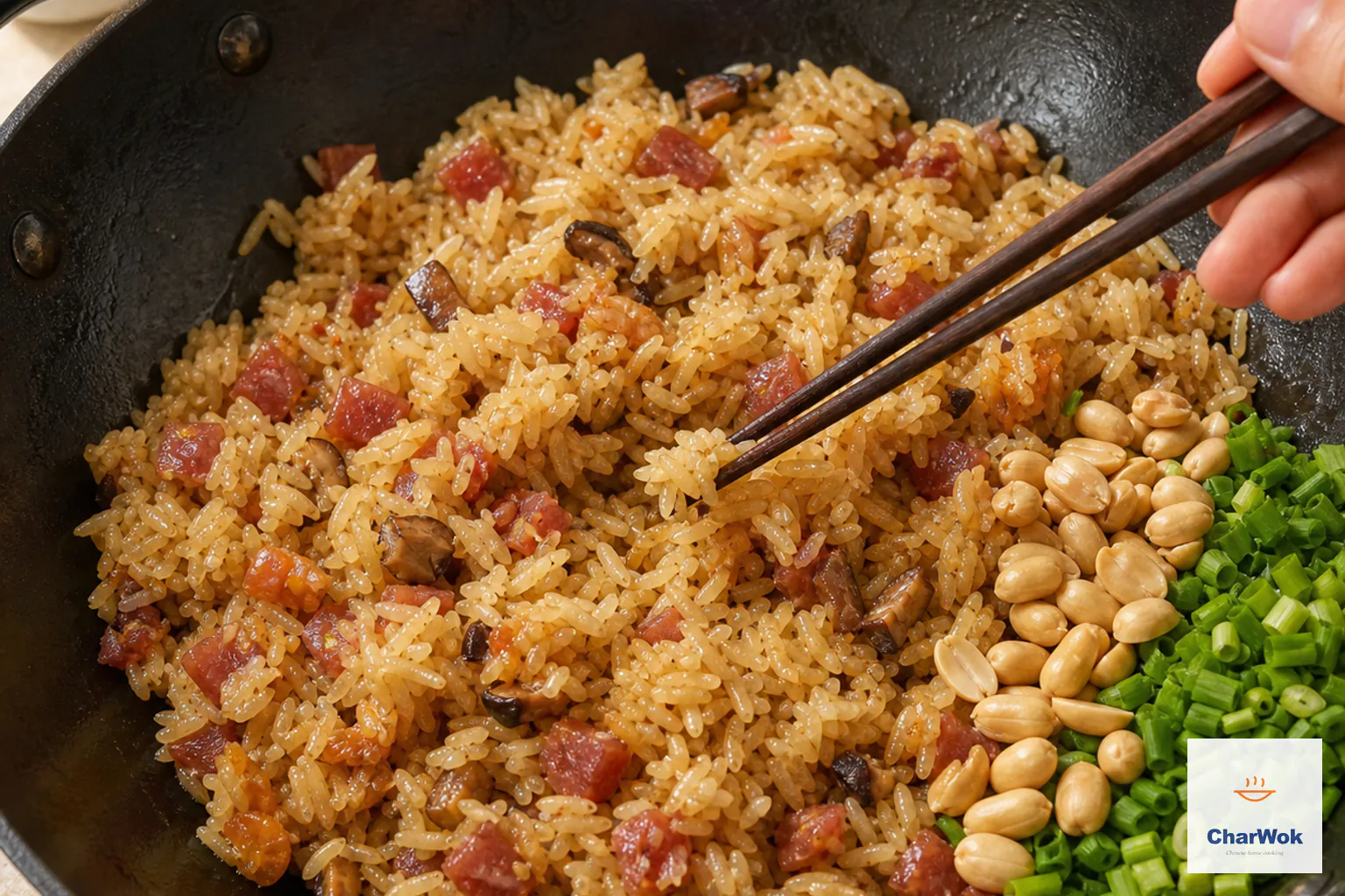 Chopsticks test distinct cooked sticky-rice grains as roasted peanuts and reserved scallion greens are folded into the dry wok
