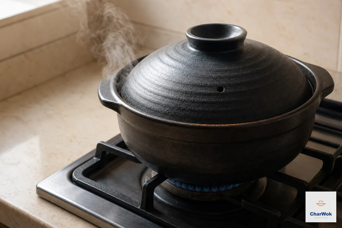 A heavy black casserole stays tightly covered over the lowest blue gas flame while gentle steam escapes at the lid rim