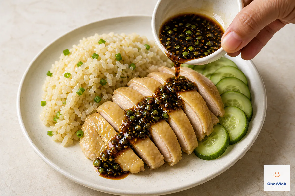 Dark soy, sesame and scallion dipping sauce is poured over sliced cooked skin-on chicken beside fragrant rice and cucumber