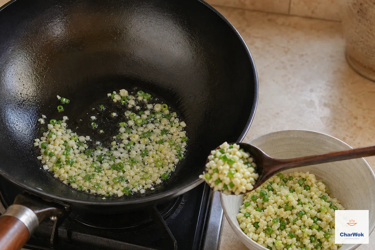 Scallion, minced ginger and garlic sizzle in oil while most of the fragrant mixture is lifted into a separate bowl and a small portion remains in the pot