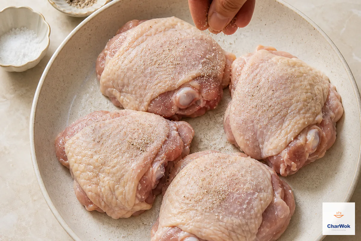 Exactly four raw bone-in skin-on chicken thighs are rubbed evenly with salt and a pinch of white pepper in a shallow bowl