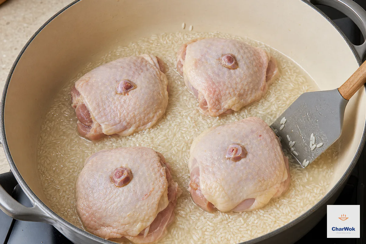 Exactly four raw bone-in skin-on chicken thighs sit in a single layer over jasmine rice and measured water in a heavy pot