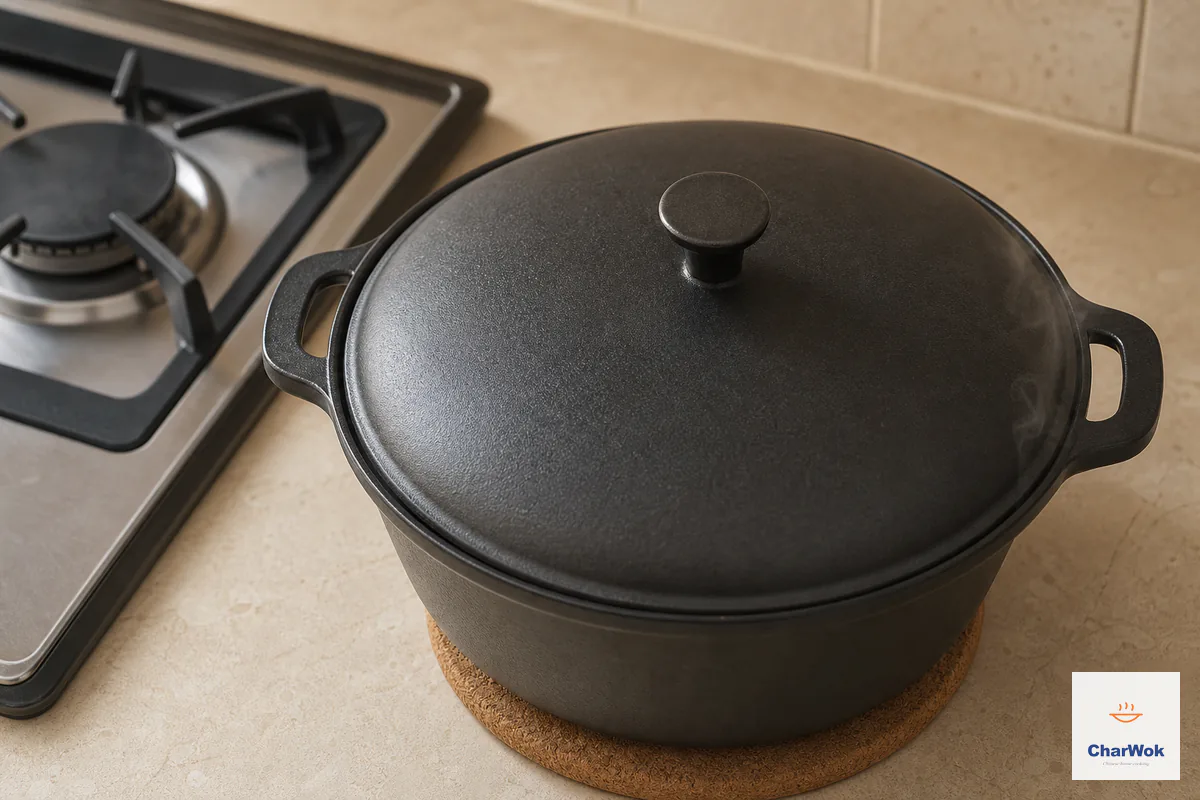 The tightly covered casserole rests off the heat on a cork trivet beside a visibly unlit gas burner