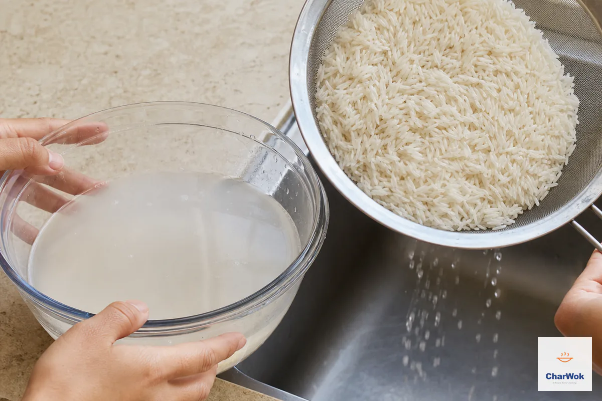 Long-grain jasmine rice is rinsed in slightly cloudy water beside a sieve holding thoroughly drained grains