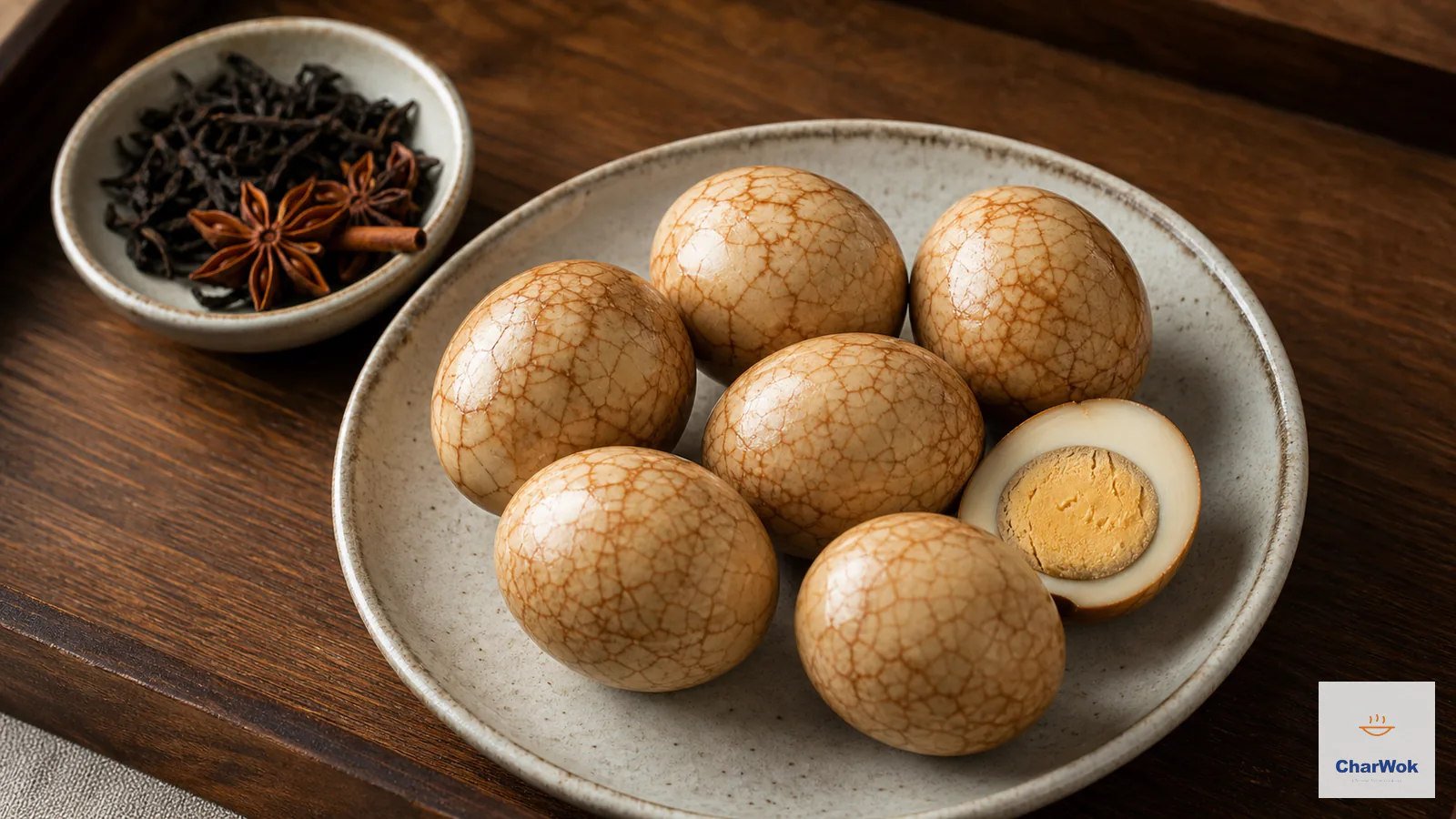 Peeled Chinese tea eggs with fine amber marbling, including one halved egg with a fully set golden yolk, served beside black tea and whole spices