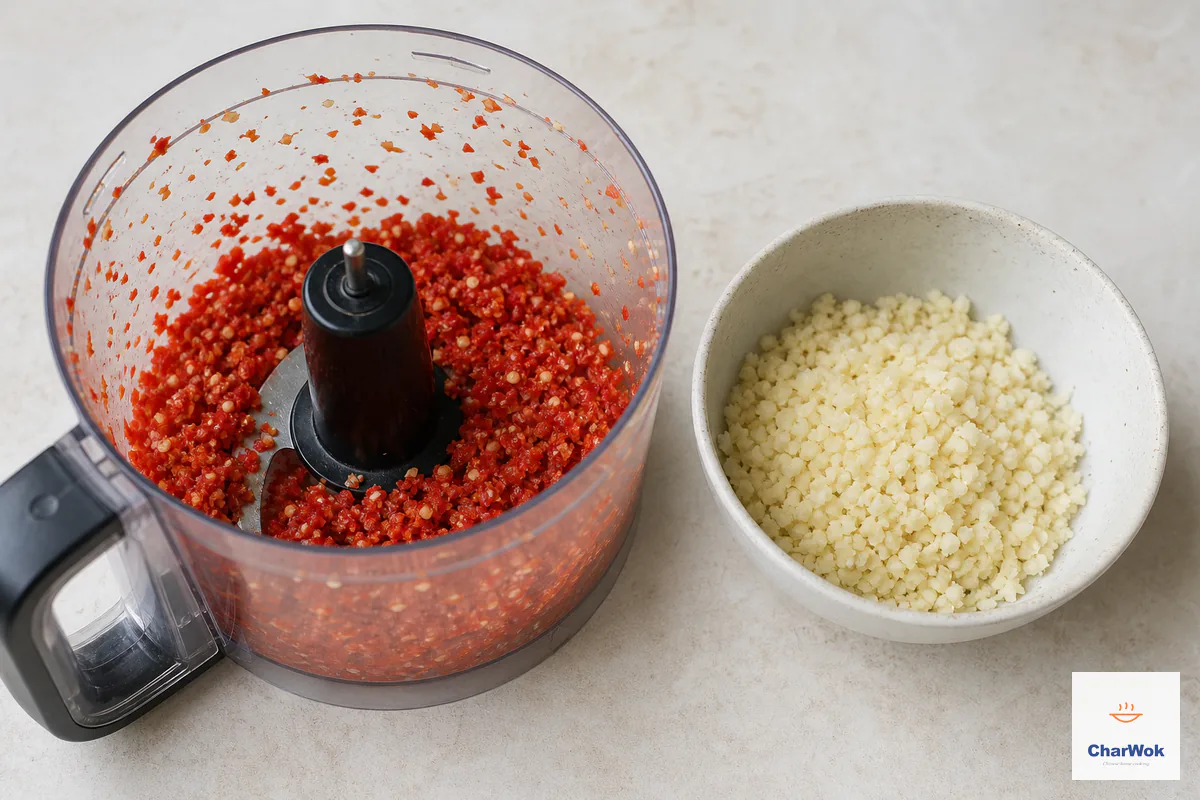Fresh red chilies are chopped into coarse, distinct pieces with visible seeds rather than blended into a paste