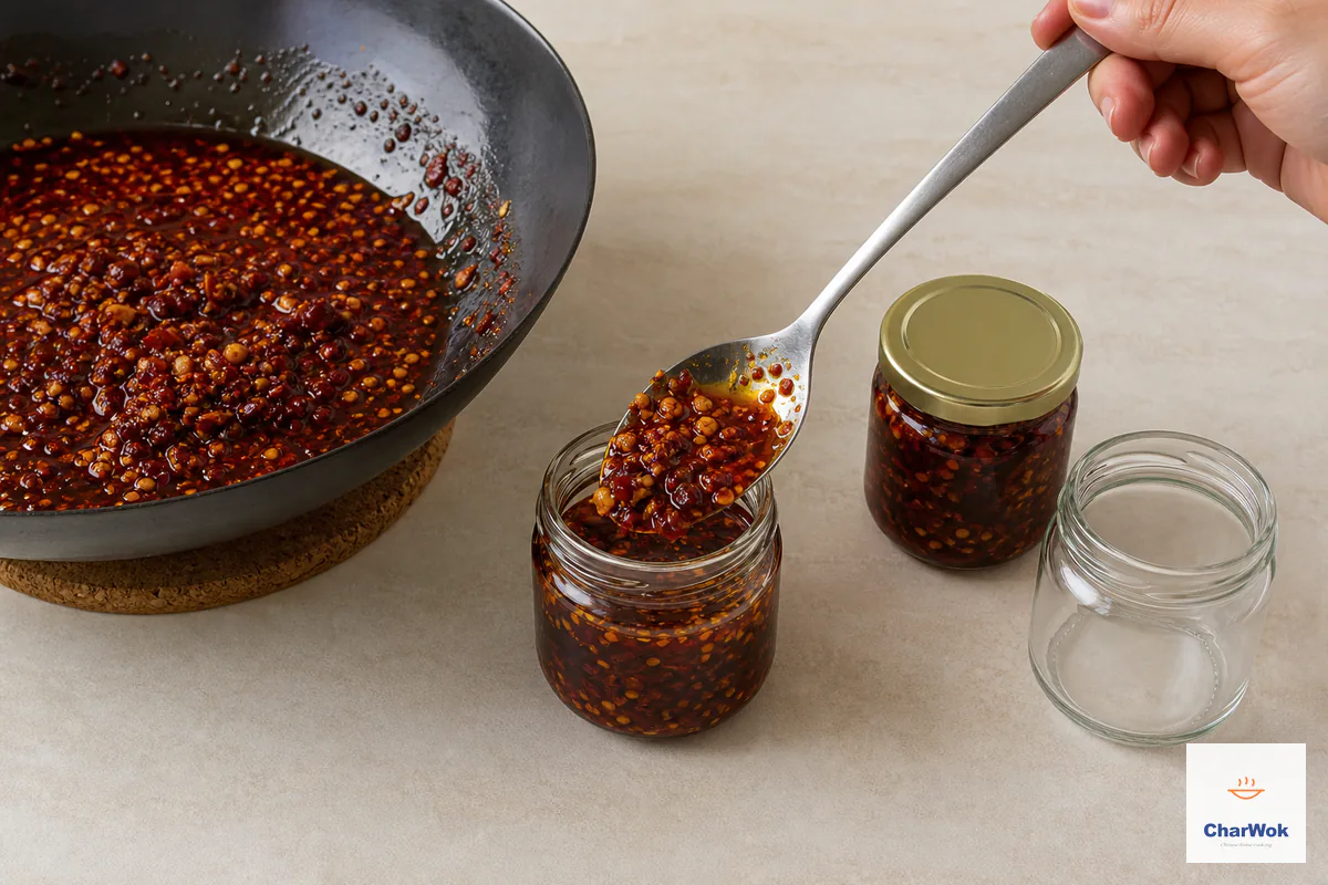 Fully cooled chunky chili oil is spooned into clean dry glass jars with no steam or condensation visible