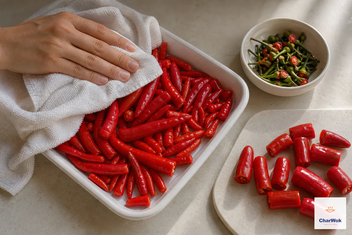 Fresh red chilies are dried thoroughly with a towel before their green stems are trimmed away