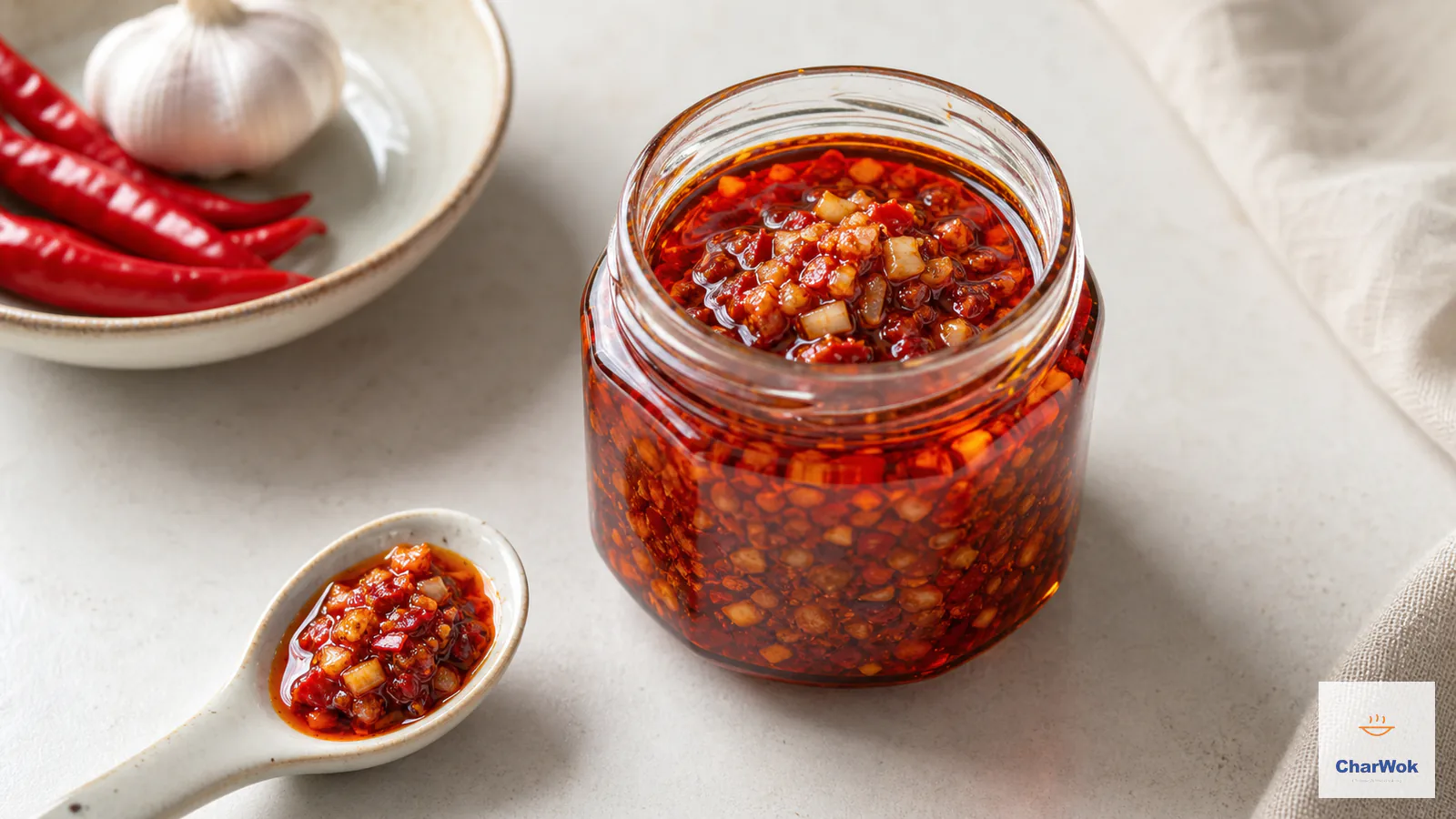 Chunky homemade Chiu Chow chili oil in a clear jar with a spoonful beside it