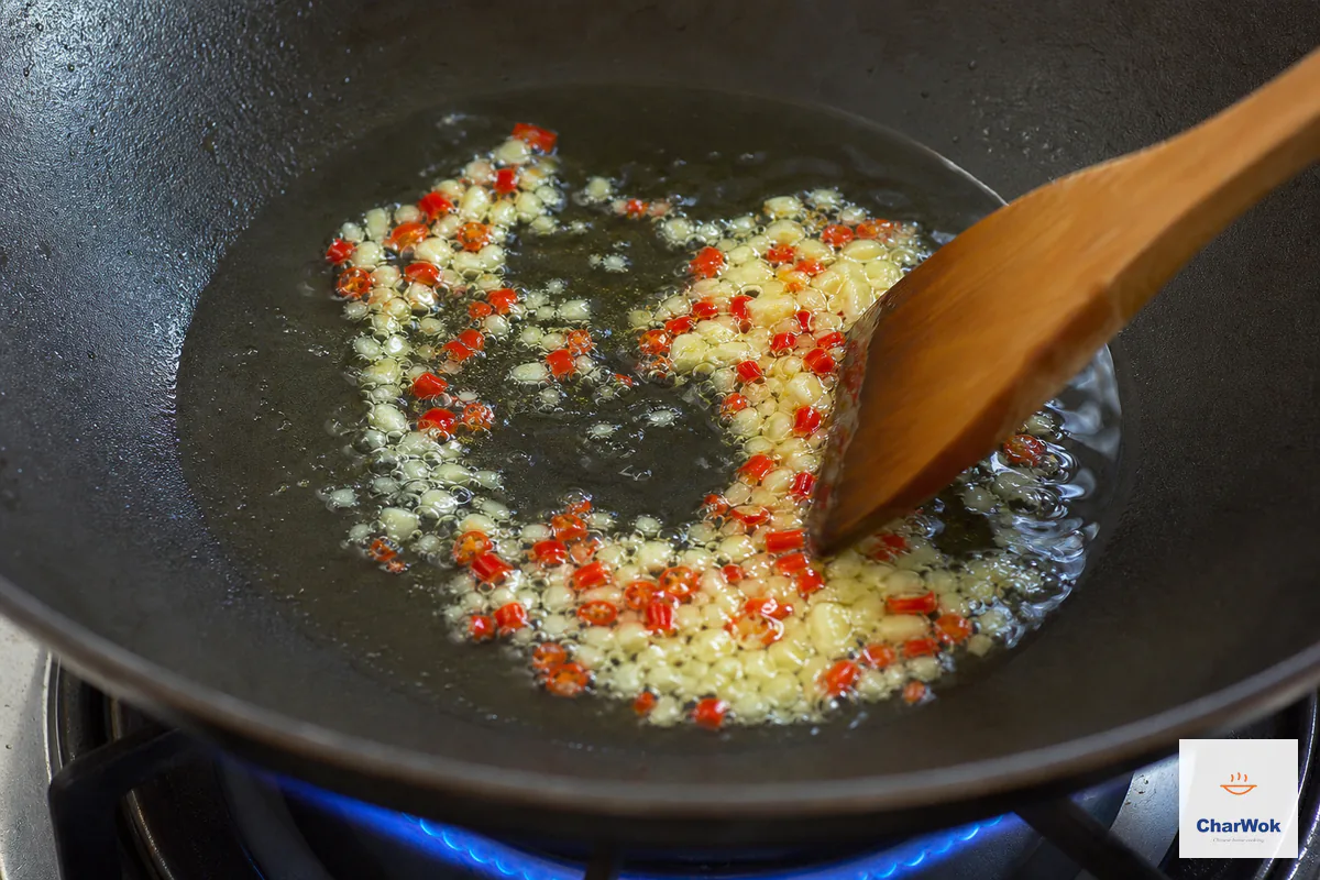 Coarsely chopped fresh red chili and garlic gently bubble in onion-infused oil over low heat