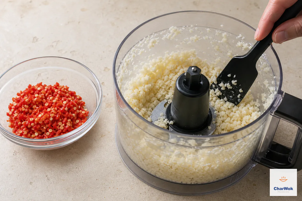 Garlic is minced to the same coarse granular texture as the chopped fresh red chilies beside it
