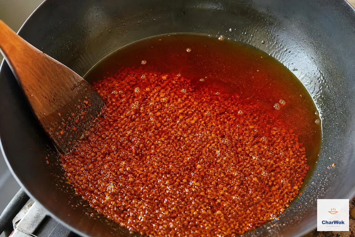 Cooked chili and garlic solids have visibly reduced while a clear layer of red-golden oil separates around them