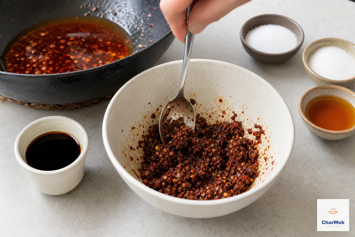 A thick soy-dampened dried-chili-flake mixture is stirred into the cooked chili oil off the heat with salt, sugar and sesame oil ready nearby