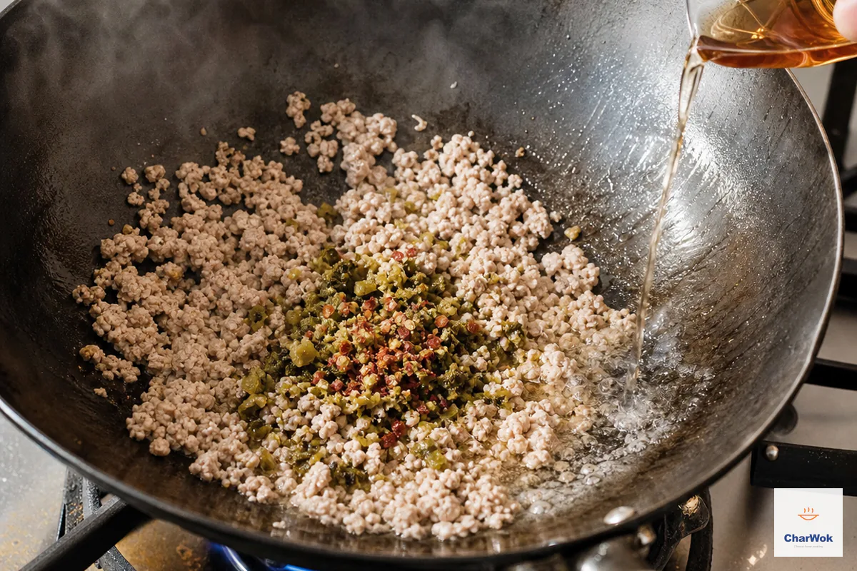 Minced preserved mustard greens and a pinch of dried chili flakes are stirred into cooked ground pork as Shaoxing wine hisses at the wok edge