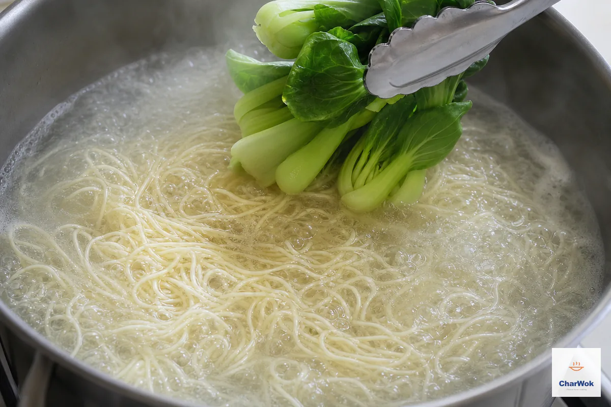 Thin wheat noodles boil vigorously while baby bok choy is flash-blanched beside them for the final seconds
