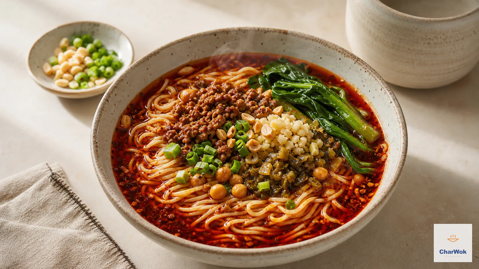 Spicy Chongqing noodle soup with minced pork, chickpeas, peanuts, scallion and baby bok choy