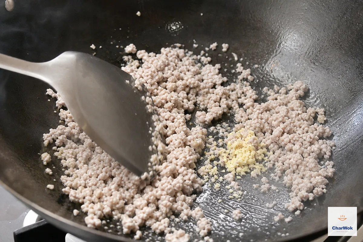 猪绞肉与姜末在炒锅中炒散,肉粒转熟并煸出清亮油脂