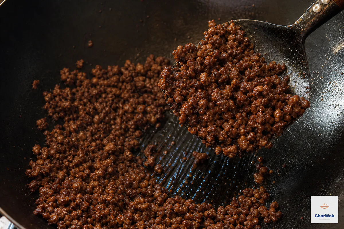 Ground pork is evenly coated in sweet bean sauce and cooked to a dry, loose, deep-mahogany topping
