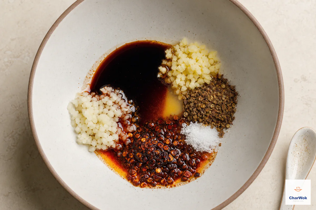 Soy sauce, black rice vinegar, chili oil with flakes, Sichuan pepper, garlic, ginger, sesame oil and sugar remain in distinct pools and mounds in a serving bowl