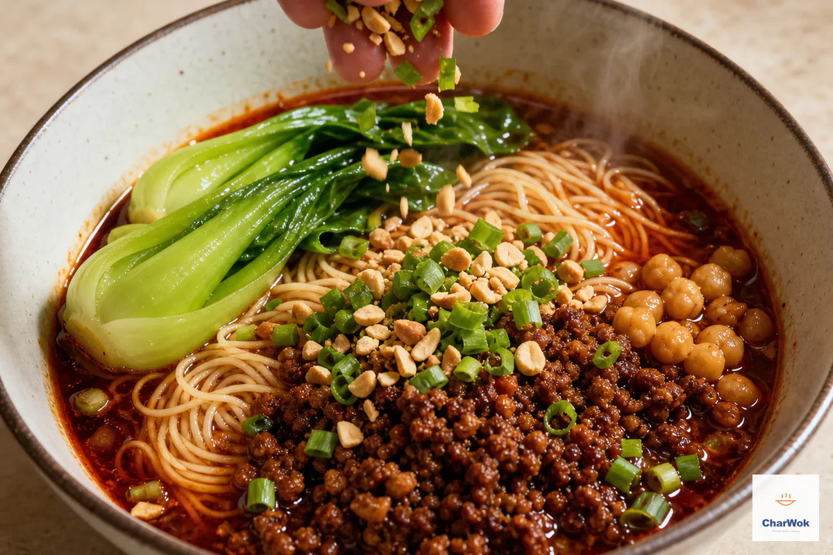 A hand sprinkles crushed roasted peanuts and chopped scallion over assembled red Chongqing noodle soup with minced meat, chickpeas and greens
