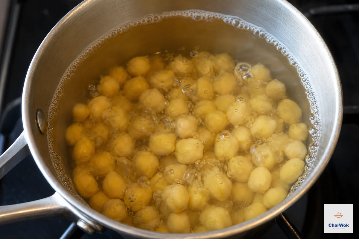 Drained chickpeas warm in clear stock with tiny bubbles gathering just below a full boil