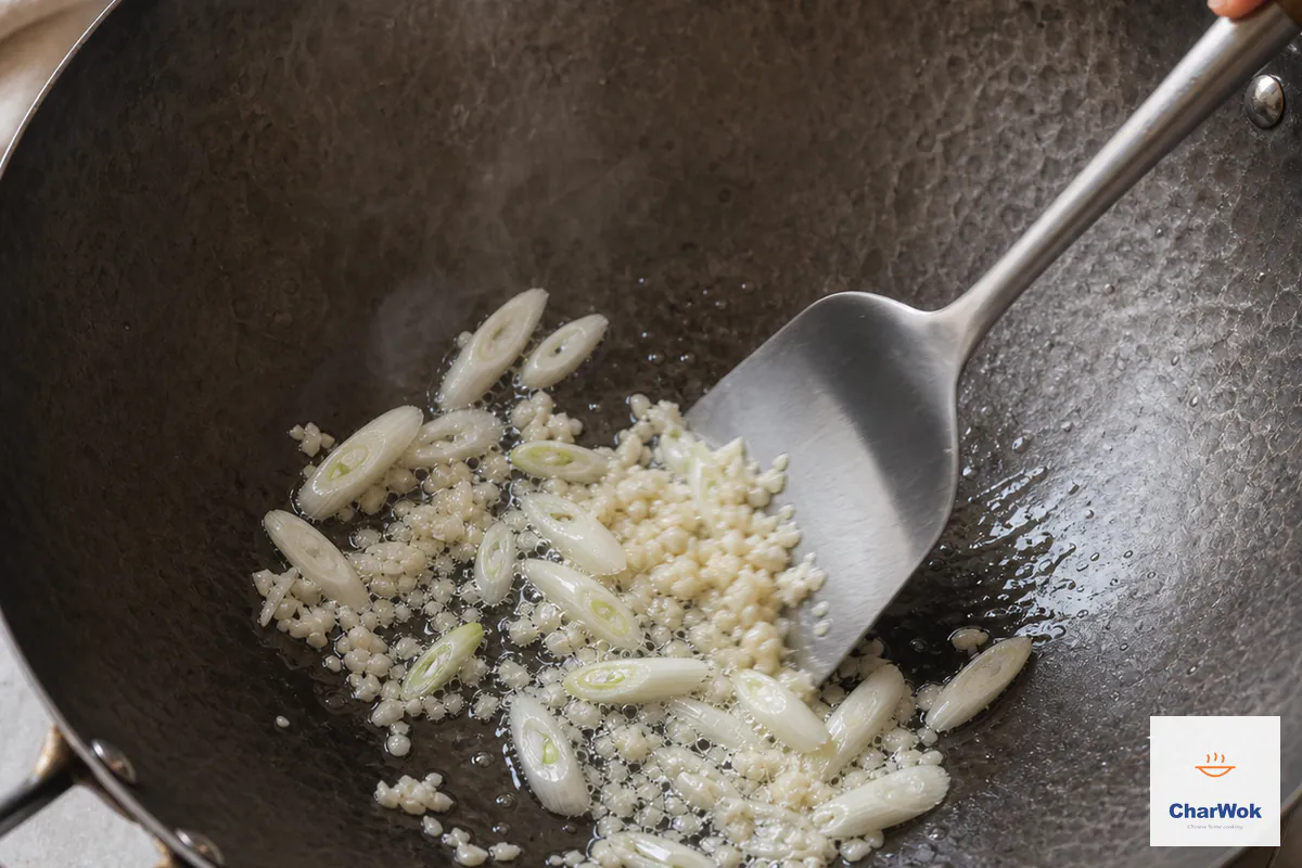 White scallion diagonals and minced garlic sizzle briefly in a thin oil film while the garlic remains creamy white