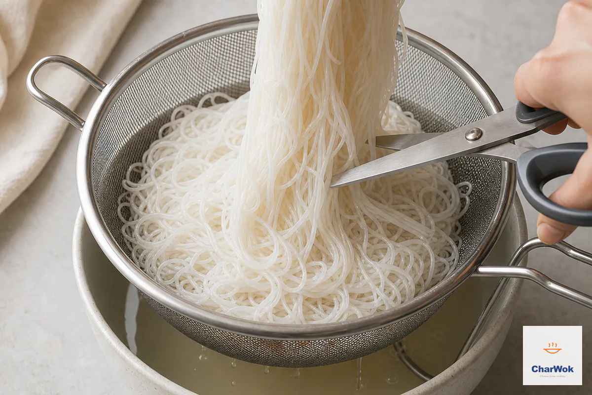 Pliable opaque rice vermicelli is lifted in a colander to drain and snipped into manageable sections after a two-minute hot-water soak